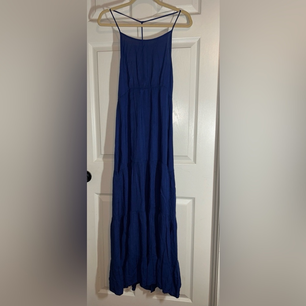 UMGEE Tiered Dress Maxi Blue T Strap Summer 
beach Gauzy cruise resort flowy S